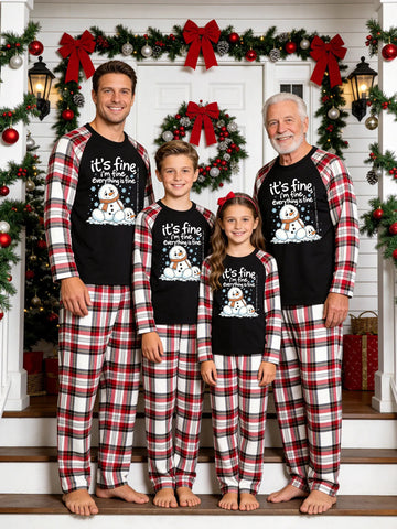 Christmas Family Red White Plaid Pajamas Set Black Ground with 'it's fine, i'm fine, everything is fine' Funny Melting Snowman Print