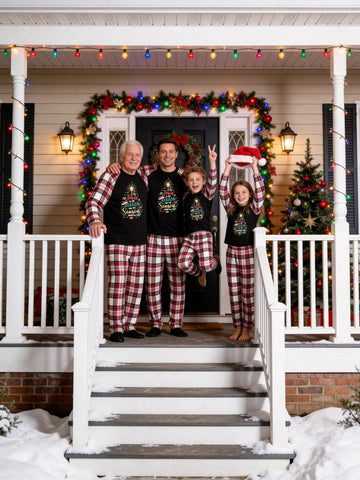 Christmas Family Red White Plaid Pajamas Set Black Ground with 'Jesus IS THE REASON FOR THE Season ISAIAH 9:6' Christmas Tree Shape Print Red White Plaid Set