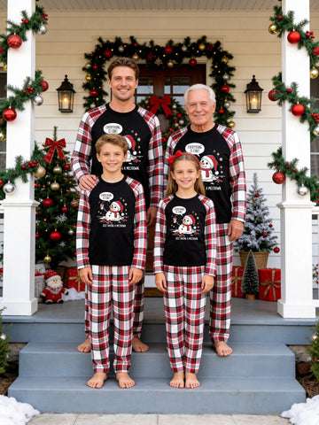 Christmas Family Red White Plaid Pajamas Set Black Ground with 'EVERYTHING IS FINE! JUST HAVING A MELTDOWN' Coffee Drinking Melting Snowman Print