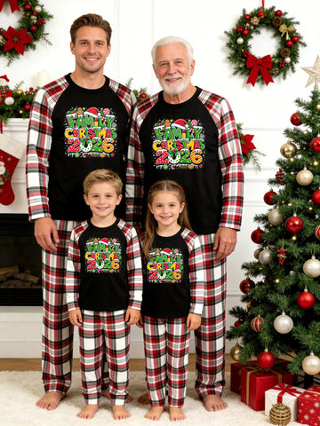 Christmas Family Red White Plaid Pajamas Set Black Ground with 'FAMILY Christmas 2026' Snow Capped Letters Print Red White Tartan Plaid Matching Set