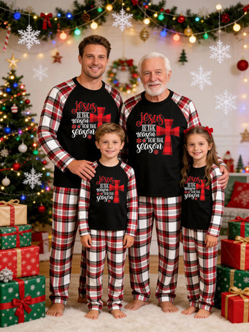 Christmas Family Red White Plaid Pajamas Set Black Ground with 'jesus IS THE reason FOR THE season' Red Buffalo Check Cross Religious Print