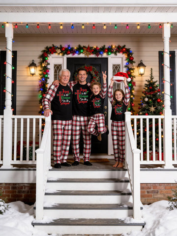 Christmas Family Red White Plaid Pajamas Set Black Ground with 'Jesus is the Reason for the Season' Red Buffalo Check Cross Religious Print