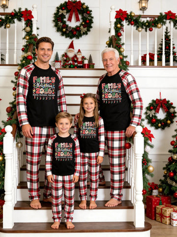 Christmas Family Red White Plaid Pajamas Set Black Ground with 'FAMILY Christmas 2026' Colorful Patterned Letters and Christmas Stockings Print