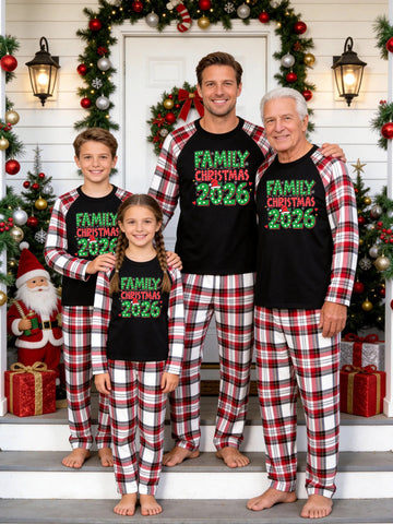 Christmas Family Red White Plaid Pajamas Set Black Ground with 'FAMILY CHRISTMAS 2026' Green Polka Dot Santa Hat Print