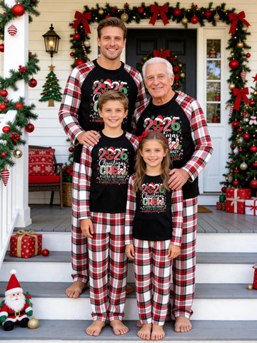 Christmas Family Red White Plaid Pajamas Set Black Ground with '2026 Christmas CREW A LITTLE BIT CRAZY A LITTLE BIT LOUD' Buffalo Plaid Numbers Print