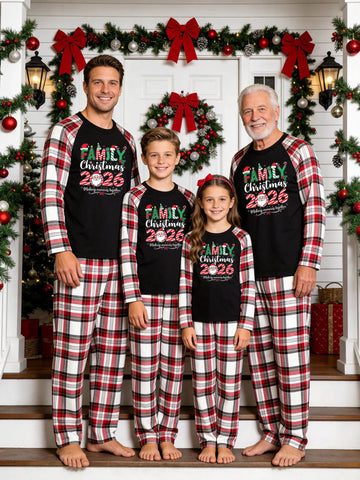 Christmas Family Red White Plaid Pajamas Set Black Ground with 'FAMILY Christmas 2026' Santa Claus Face Candy Cane Print