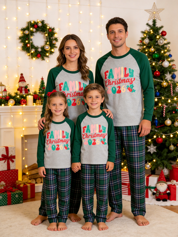 Family Christmas 2026 Retro Font Matching Holiday Pajamas Set with Green Plaid Pants