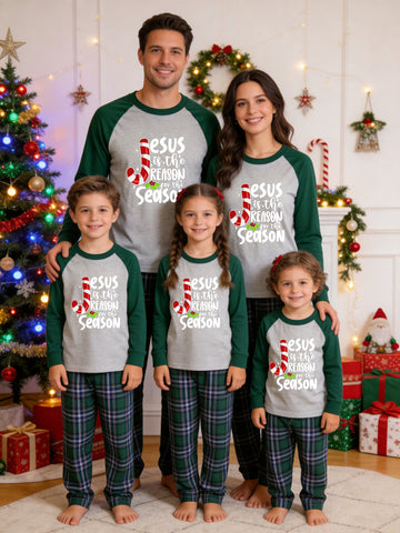 Jesus is the Reason for the Season Green Plaid Family Christmas Matching Pajamas Set