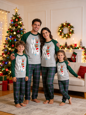Ho Ho Ho Stacked Characters Family Christmas Matching Pajamas Set with Green Plaid Pants