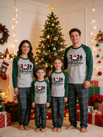 2026 Family Christmas Santa Hat Graphic Matching Pajamas Set with Green Plaid Pants