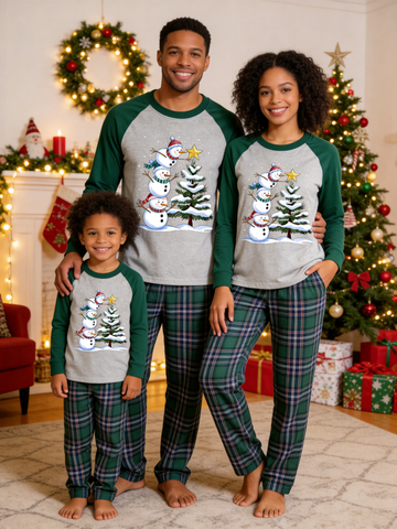 Stacked Snowmen and Decorated Christmas Tree Family Matching Pajamas Set with Plaid Pants
