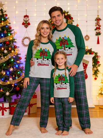 Jesus Christmas Cross and Trees Graphic Family Matching Pajamas Set with Green Plaid Pants