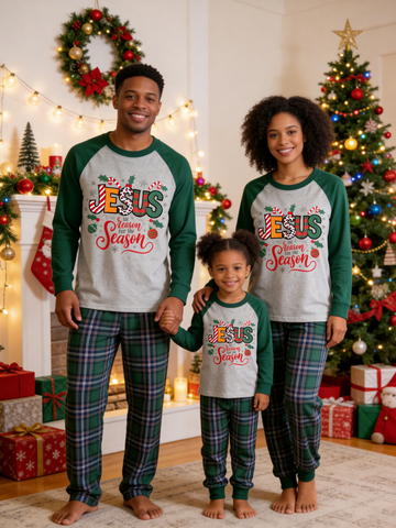 Jesus is the Reason for the Season Family Christmas Matching Pajamas Set with Plaid Pants