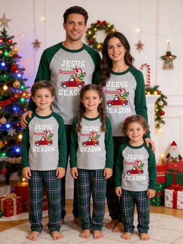 Jesus is the Reason for the Season Red Truck Family Christmas Pajamas Set with Plaid Pants