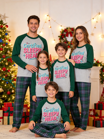 Certified Sleepy Head Retro Font Family Matching Pajamas Set with Green Plaid Pants