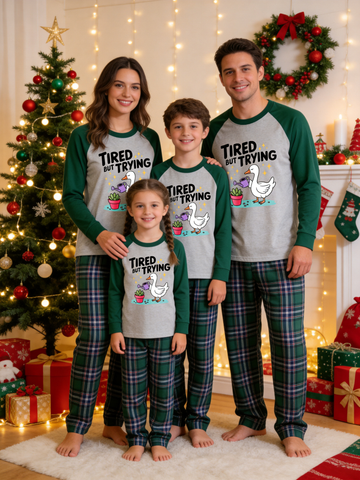 Tired but Trying Cute Duck with Plant Family Matching Pajamas Set with Green Plaid Pants