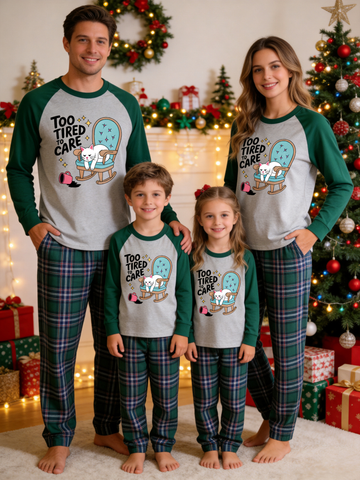 Too Tired to Care Resting Cat on Rocking Chair Family Matching Pajamas Set with Plaid Pants