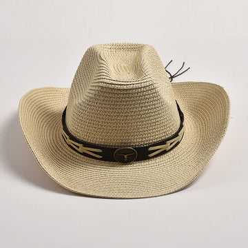 Classical Straw Western Cowboy Hats Wide Brim Retro Bull Head Jazz Hat