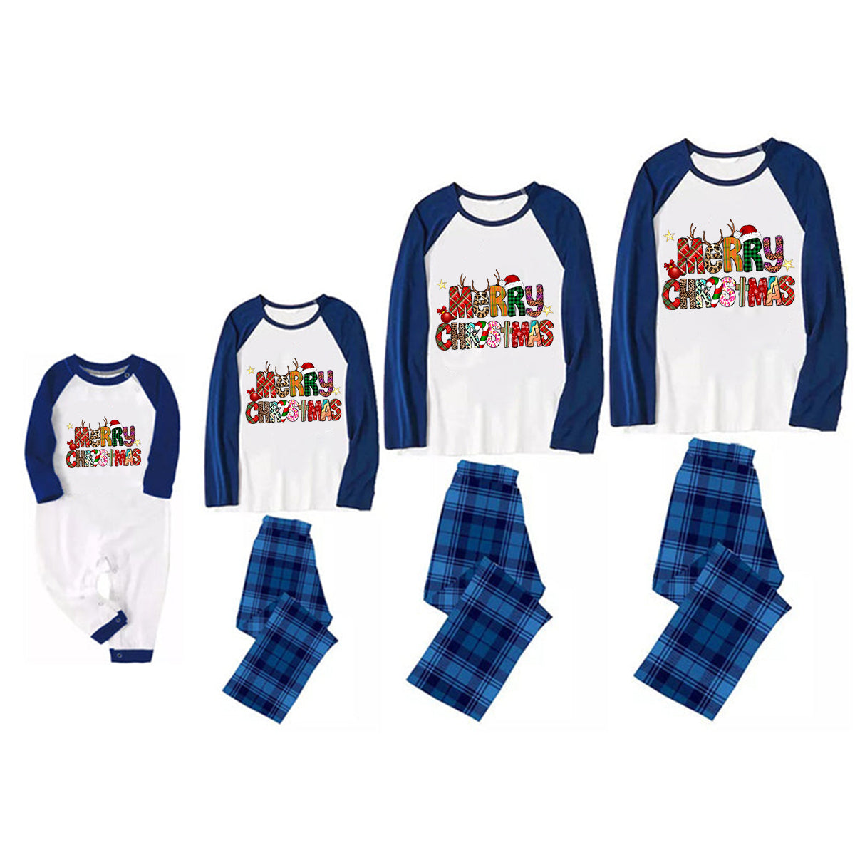 Cute Cartoon Christmas Tree Santa Hat Deer and Gift Patterned and 'MeRRY CHRISTMAS ' Letter Print Long Sleeve Sweatshirts Contrast Blue & White Top and Black and Blue Plaid Pants Family Matching Pajamas Sets