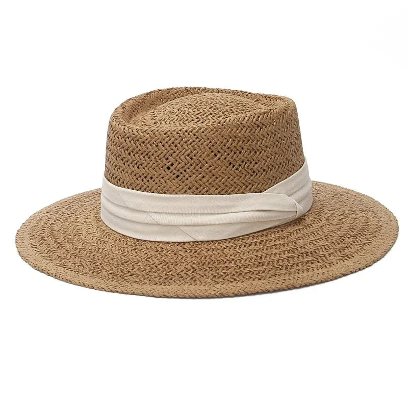 Ring Top Straw Hat Sun Protection Beach Hat with Flat Top Design