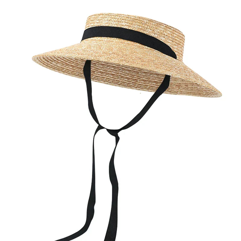 Flat Top Straw Beach Hat with Tie Top