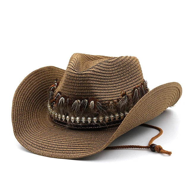 Handmade Straw Western Cowboy Hat Curling Brim Hats Panama