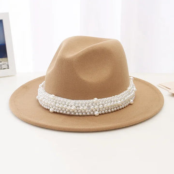 Women Pearl Ribbon Felt Fedora Hat