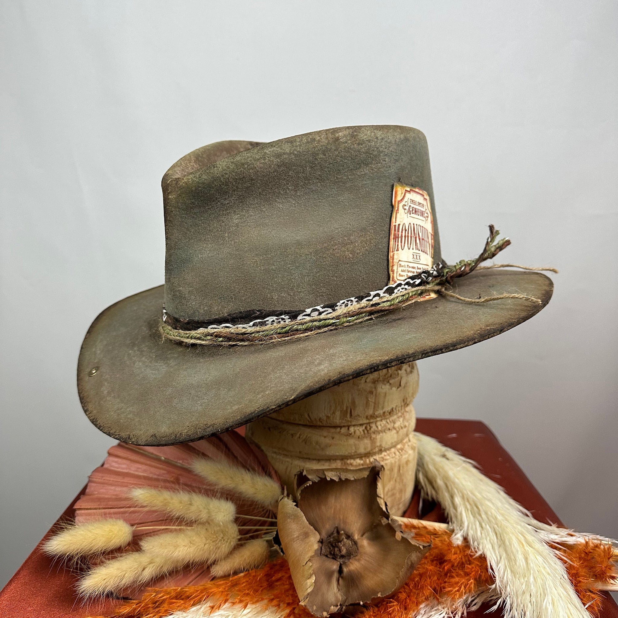 The Moonshiner Brown and Green Distressed Cowboy Hat