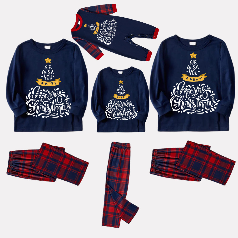 2024 Christmas Tree Pattern "We Wish You"Blue Long Sleeves with Classic Blue and Red Plaid Pants Family Matching Pajamas