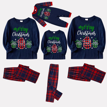 Santa Moose Cute Cartoon Pattern "Merry Christmas" Letter Prints Blue Long Sleeves Top with Classic Red & Blue Plaid Pants Family Matching Pajamas