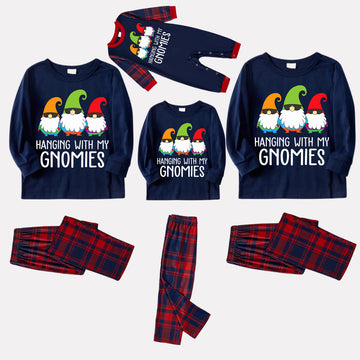 Three Santas "HANGING WITH MY GNOMIES" Monogram Print Blue Long Sleeves Top with Classic Red & Blue Plaid Pants Family Matching Pajamas