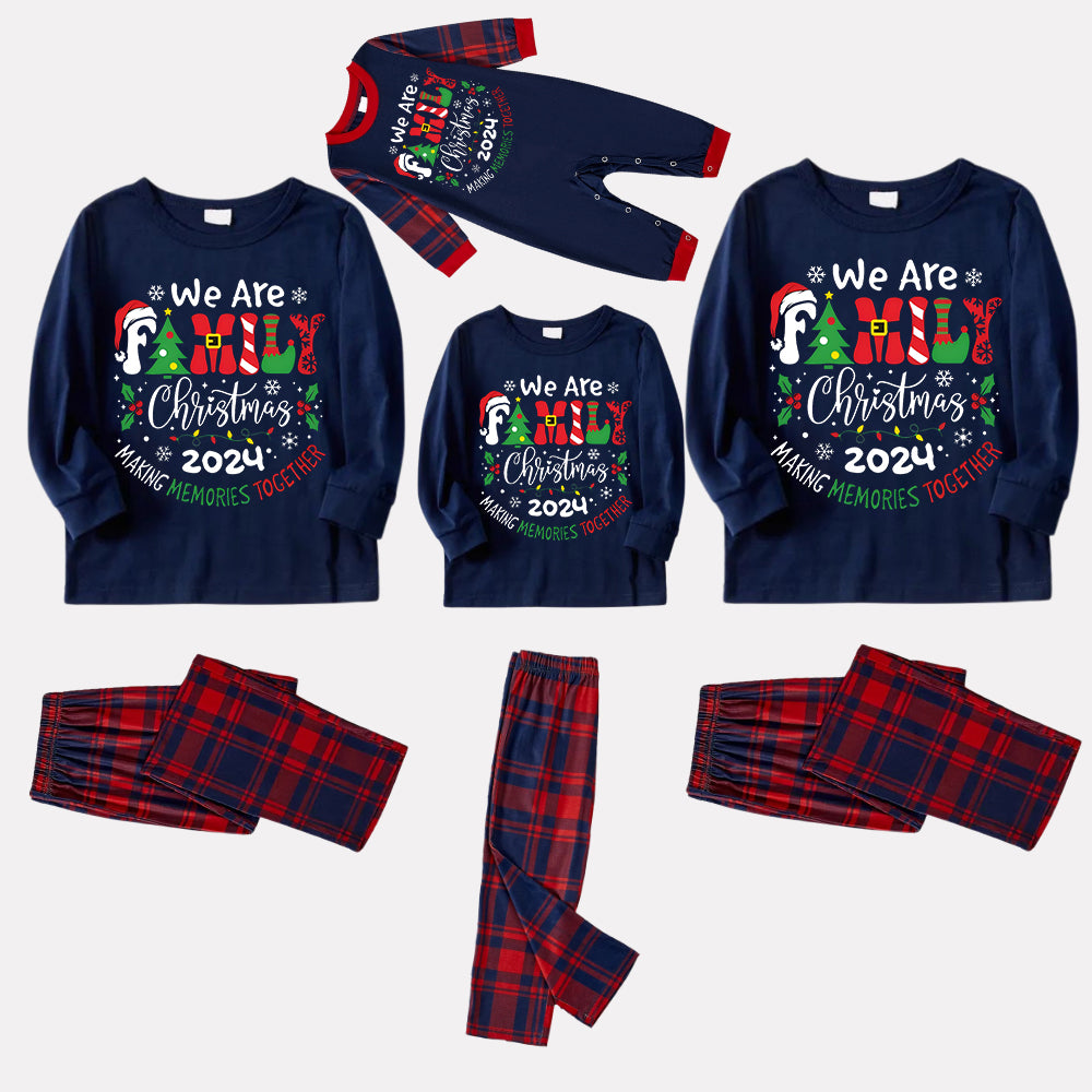 "We are Family" 2024 Christmas Wreath - Blue Long Sleeve Top with Blue & Red Plaid Family Matching Pajamas