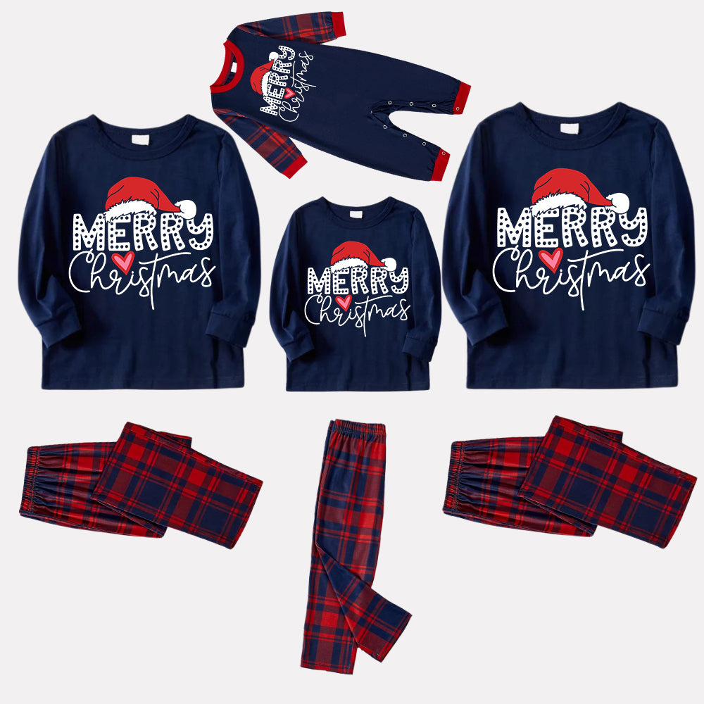 Red Santa Hat "Merry Christmas" Letter Print Blue Long Sleeves Top with Classic Red & Blue Plaid Pants Family Matching Pajamas