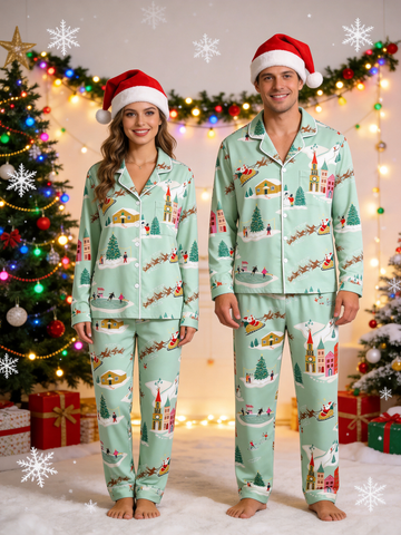 Festive Mint Santa Sleigh & Snowy Village Matching Couple Christmas Pajamas