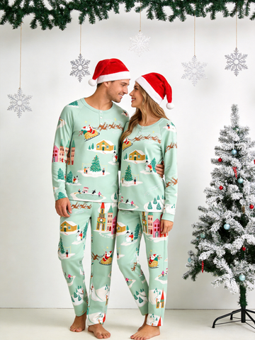 Festive Mint Santa Sleigh & Snowy Village Two-Piece Henley Neck Matching Couple Christmas Pajamas
