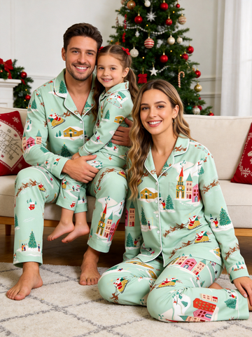 Festive Mint Santa Sleigh & Snowy Village Matching Family Christmas Pajamas