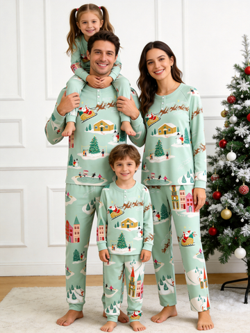 Festive Mint Santa Sleigh & Snowy Village Two-Piece Henley Neck Matching Family Christmas Pajamas