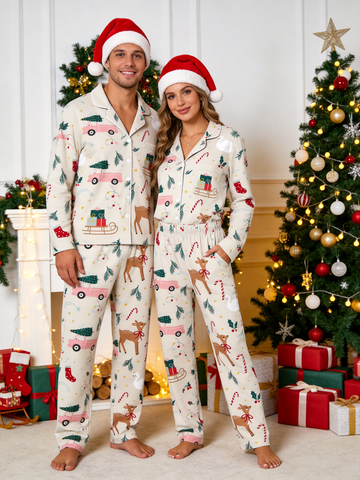 Charming Reindeer, Pink Trucks & Candy Canes Holiday Couple Pajama Set