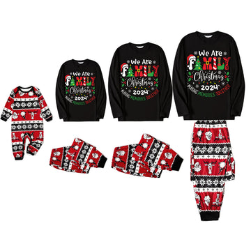 "We are Family" 2024 Christmas Wreath - Black Long Sleeve with Fashionable and Versatile Multi-Element Christmas pants Family Matching Pajamas