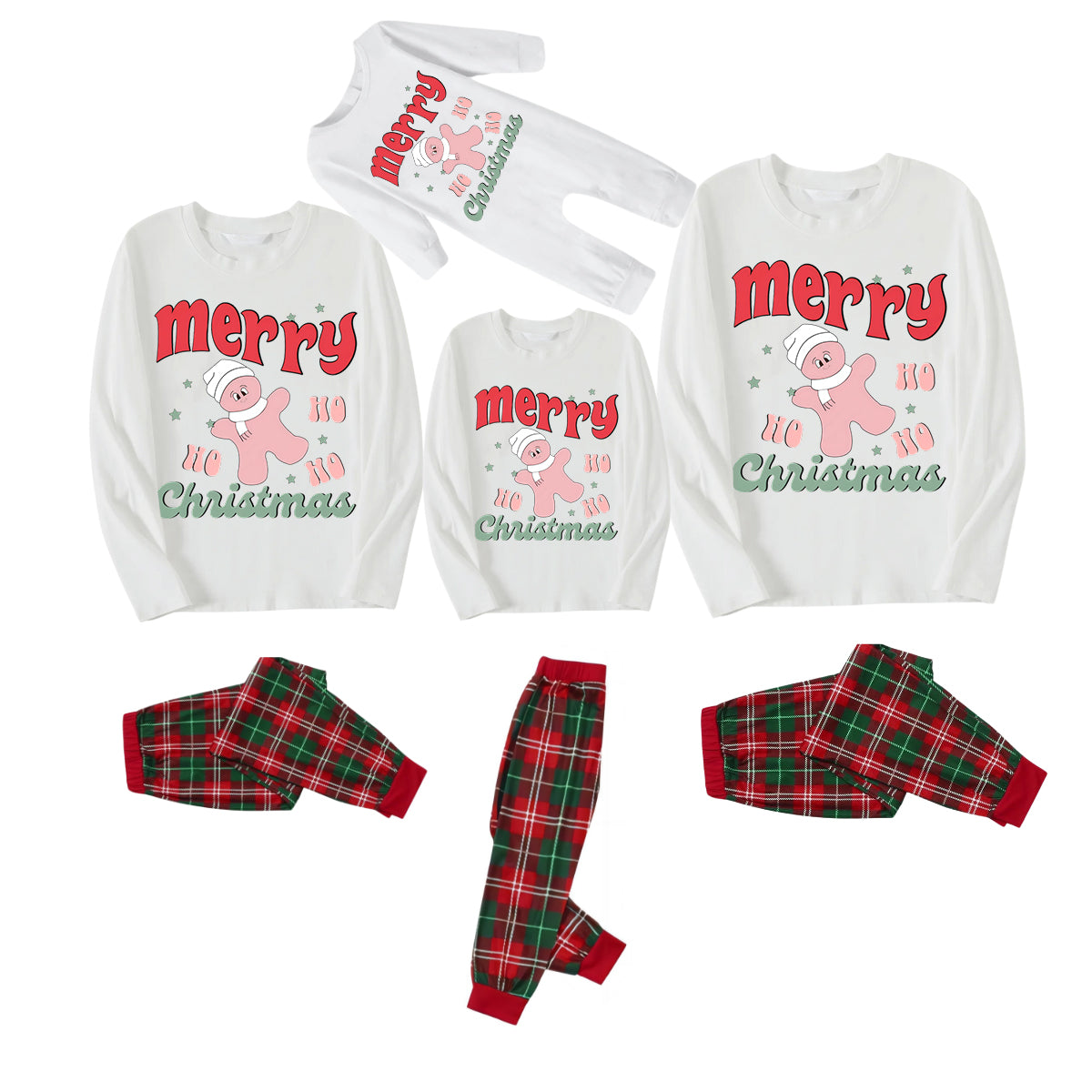 Merry Christmas Cute Cartoon Prints 2024 White Long Sleeve with White&Red&Green Plaid Pants Family Matching Pajamas