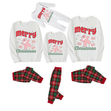 Merry Christmas Cute Cartoon Prints 2024 White Long Sleeve with White&Red&Green Plaid Pants Family Matching Pajamas