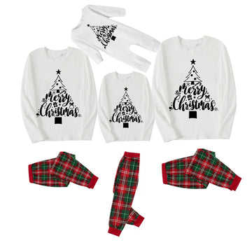 Christmas Tree Pattern "Merry Christmas" Monogram Print White Long Sleeve Top with Classic Red, Green and White Plaid Pants Family Matching Pajamas