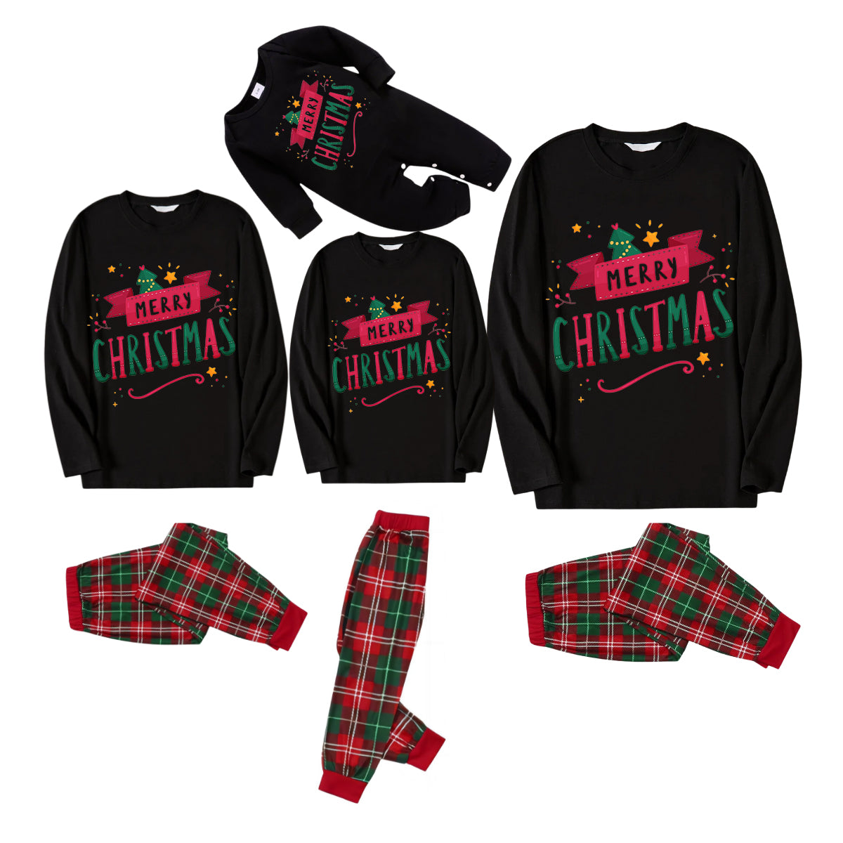 "Merry Christmas" With  Ribbons - Black Long Sleeves with Green&Red&White Plaid Pants Family Matching Pajamas