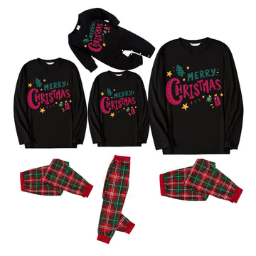 "Merry Christmas" With  Little Decorations - Black Long Sleeves with Green&Red&White Plaid Pants Family Matching Pajamas