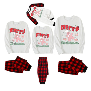 Merry Christmas Cute Cartoon Prints 2024 White Long Sleeve with Black&Red Plaid Pants Family Matching Pajamas