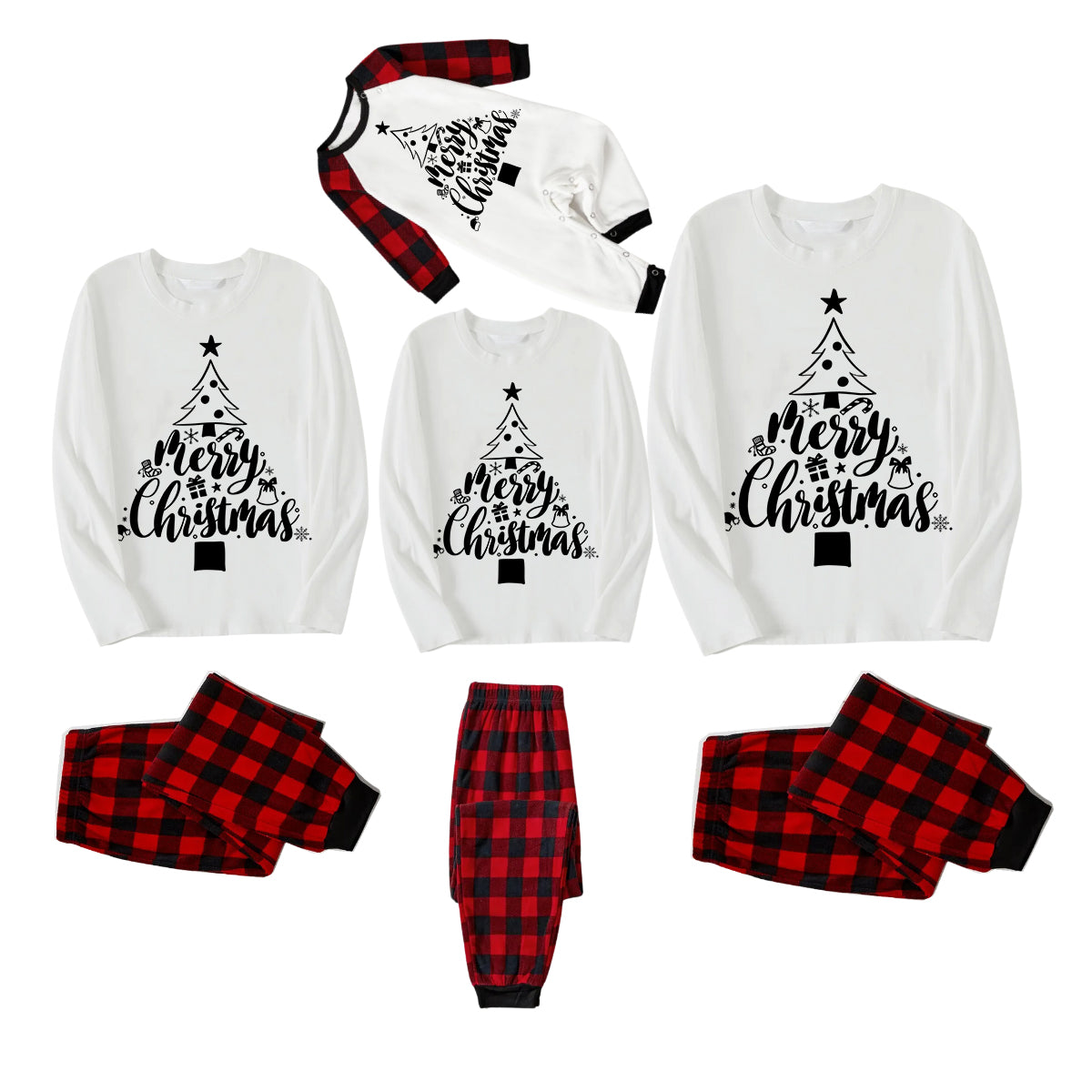 Christmas Tree Pattern "Merry Christmas" Monogram Print White Long Sleeve Top with Vintage Red and Black Large Plaid Pants Family Matching Pajamas