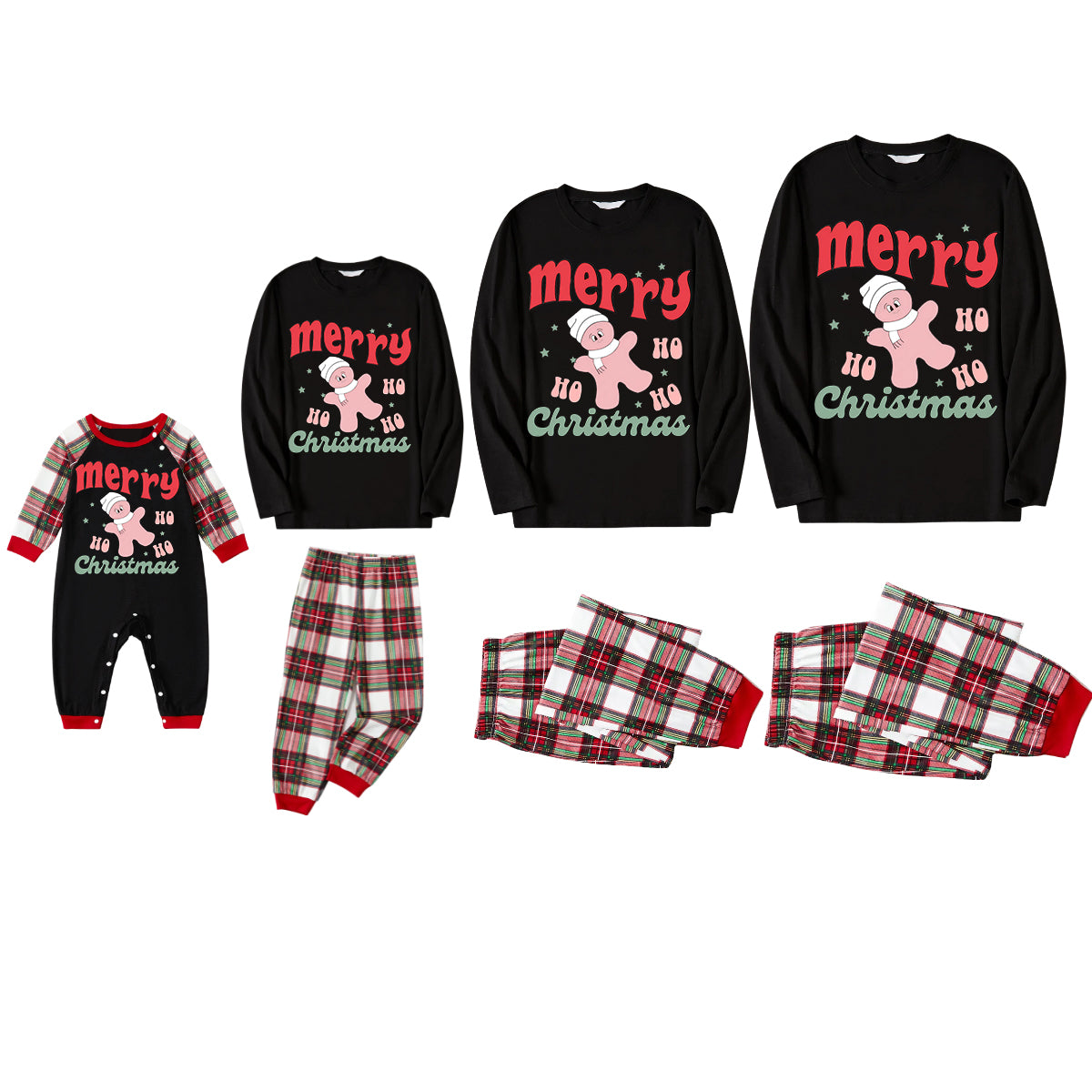 Merry Christmas Cute Cartoon Prints 2024 Black Long Sleeve with Fashionable Red and Green Plaid Pants Family Matching Pajamas