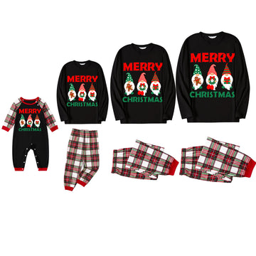 Christmas Elf Pattern Black Top with Red & White & Green Plaid Pants Family Matching Pajama