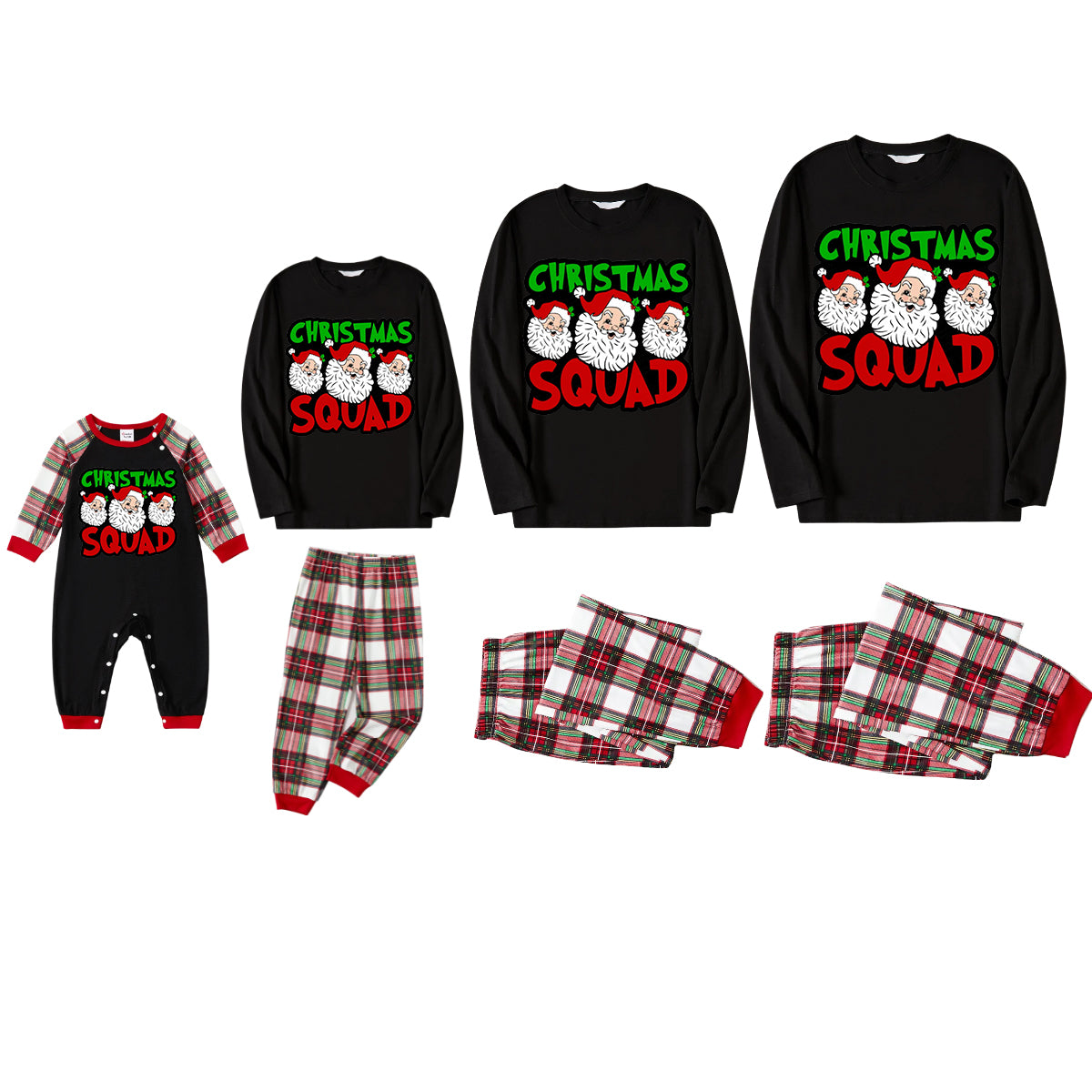 "Santa Squad" and Santa Claus Print Black Top with Red & White & Green Plaid Pants Family Matching Pajamas