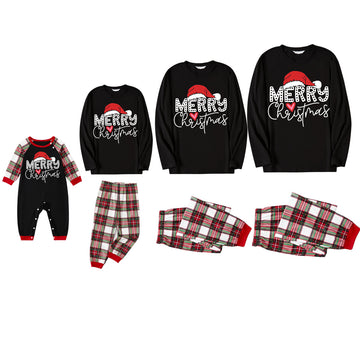 Red Santa Hat "Merry Christmas" Letter Print Black Long Sleeves Top with Green Red White Classic Plaid Pants Family Matching Pajamas